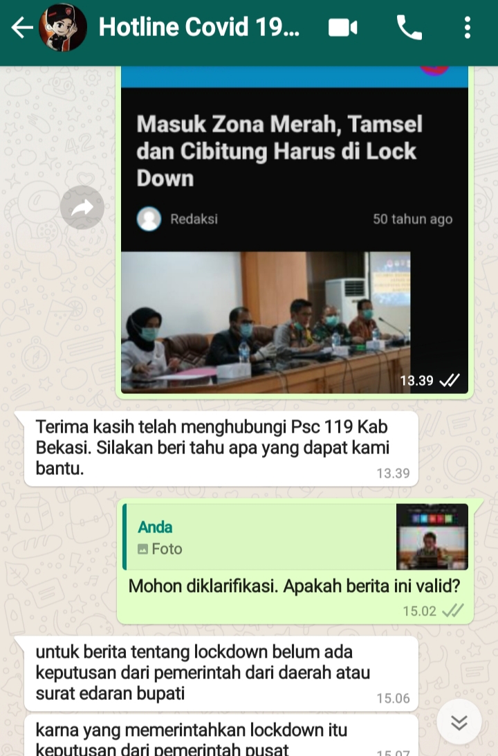 Hotline COVID 19 Kabupaten Bekasi Pastikan Informasi Lockdown Tambun Selatan dan Cibitung Hoax