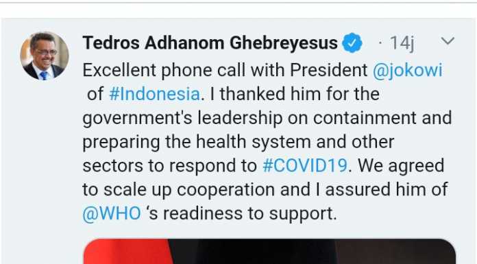 Pandemi COVID 19, WHO Apresiasi Keberhasilan Presiden Jokowi Atasi COVID 19 di Indonesia (twitter @drtedros)