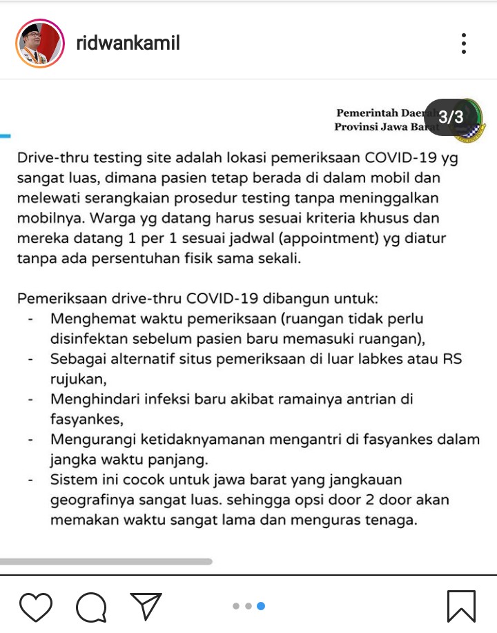 Perang Lawan COVID 19, Kang Emil Terapkan Skema Drive Thru Tes Massal COVID 19