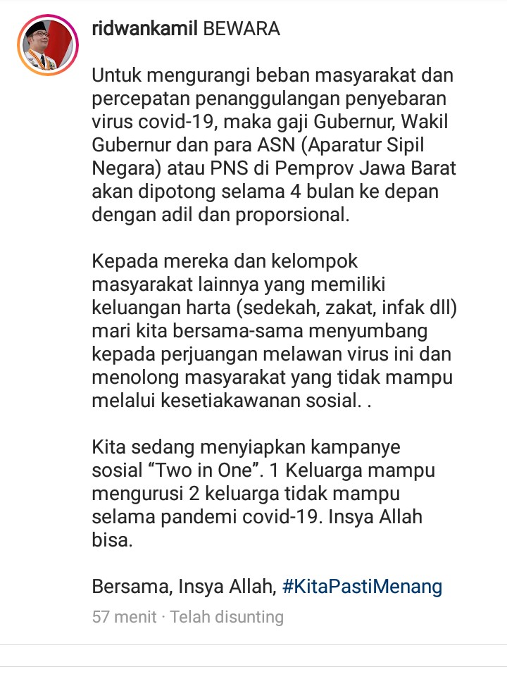 Perang Lawan COVID 19, Kang Emil Pangkas Gaji Gubernur, Wagub Dan ASN di Jawa Barat